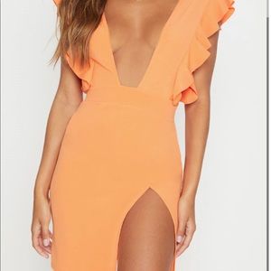 Tangerine frill plunge split leg bodycon from PLT